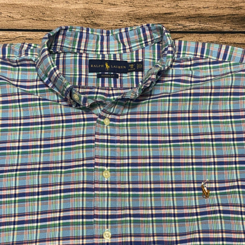 Polo Ralph Lauren Button Down Shirt 2XB Blue Green Plaid Classic Fit Long Sleeve
